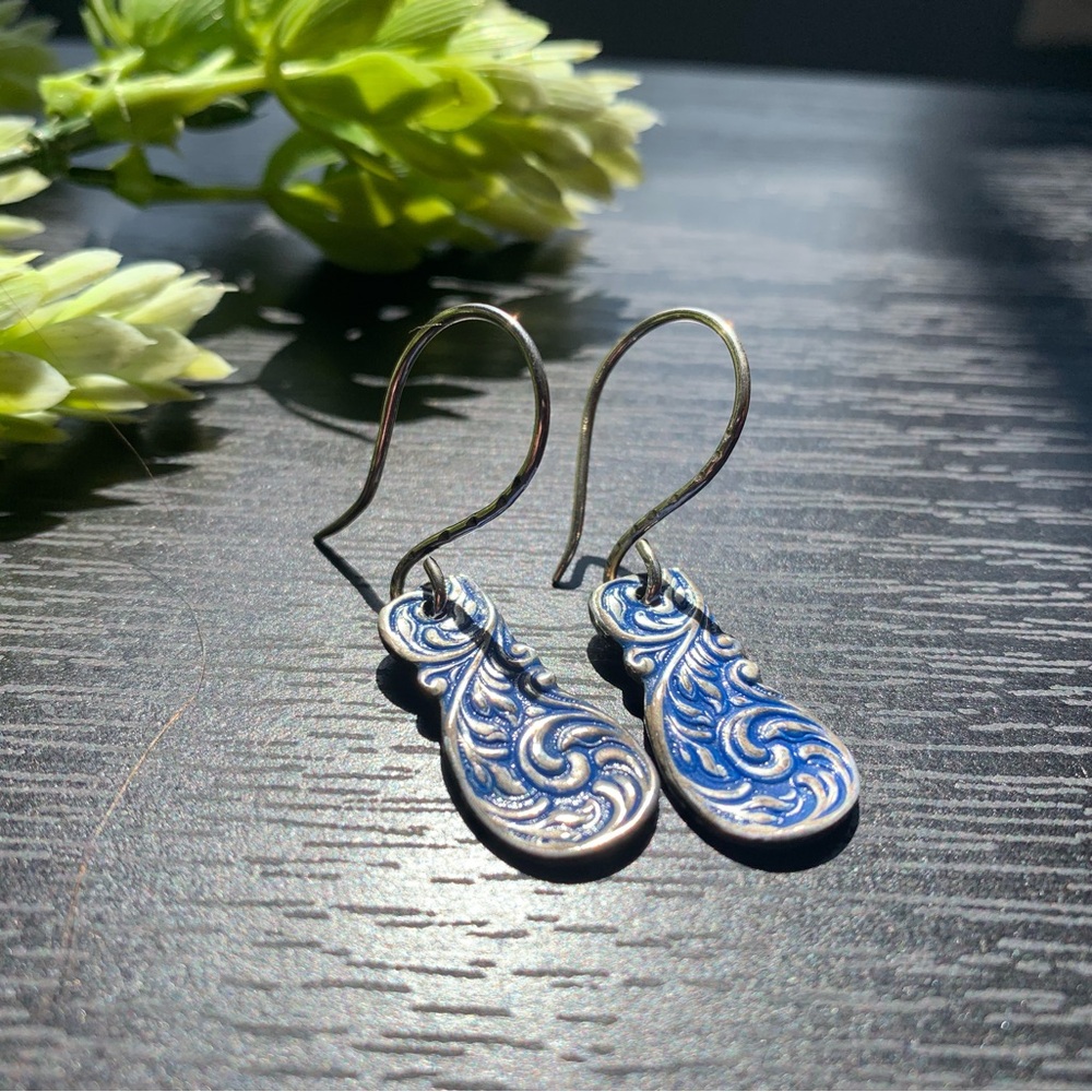 Sterling Antique Spoon Earrings Dangle Blue Vintage French Ear Hooks Art…